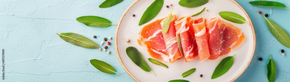 Close-up of prosciutto slices on a white plate with green leaves and peppercorns. Close-up of prosciutto slices on a white plate with green leaves and peppercorns.