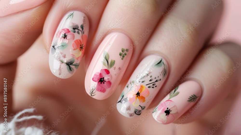 A detailed image showing a persons nails adorned with flowers A detailed image showing a persons nails adorned with flowers
