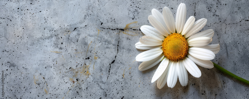 Obraz premium A daisy with a concrete backdrop and an empty wall. The simple white petals and yellow center create a charming and fresh flat lay image.