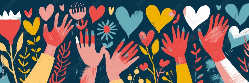 Hands reach upwards towards a sky filled with hearts and flowers, symbolizing love, unity, hope, growth, and a bright future. Hands reach upwards towards a sky filled with hearts and flowers, symbolizing love, unity, hope, growth, and a bright future.