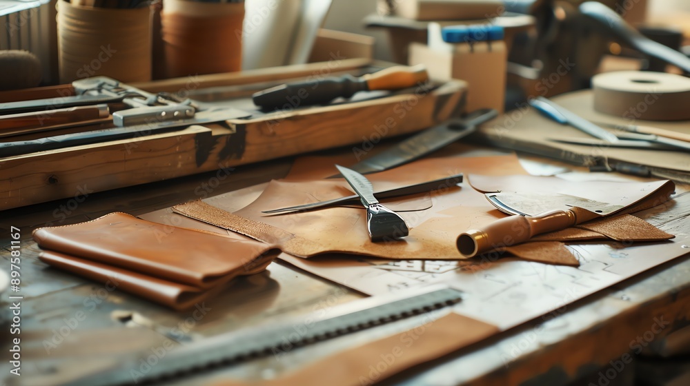 A leatherworker's workbench with a variety of tools and materials. A leatherworker's workbench with a variety of tools and materials.