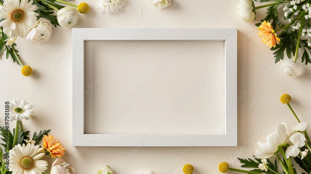 A charming floral display of daisies, ranunculus, and hydrangeas, beautifully framing a blank white frame, set against a soft cream backdrop A charming floral display of daisies, ranunculus, and hydrangeas, beautifully framing a blank white frame, set against a soft cream backdrop