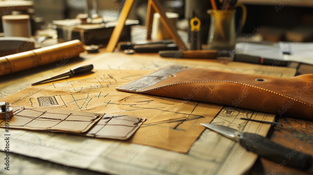 Rustic leather crafting scene with tools and materials on a wooden table. Rustic leather crafting scene with tools and materials on a wooden table.