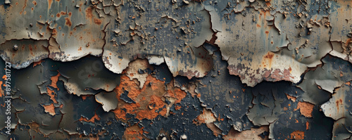Detailed shot of an aged metal surface with flaking paint and rust, highlighting the weathered textures in a grunge aesthetic.