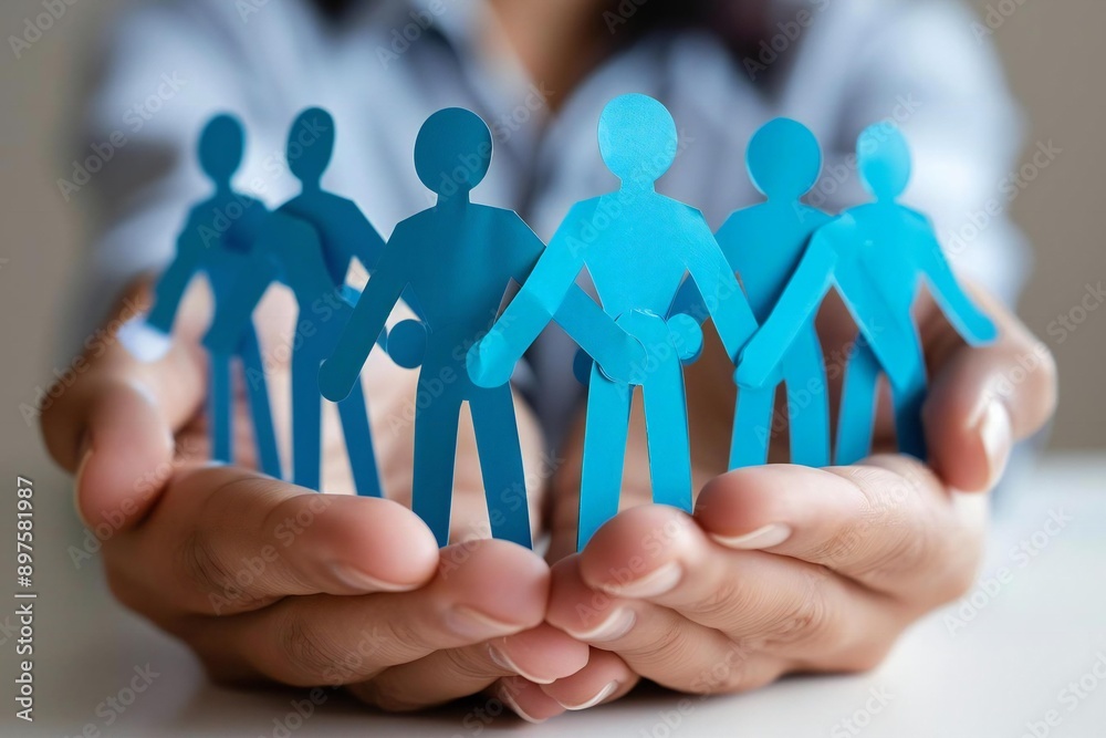 Several beautiful hands of businesspersons protecting blue paper cutout figures on a white background. Several beautiful hands of businesspersons protecting blue paper cutout figures on a white background.