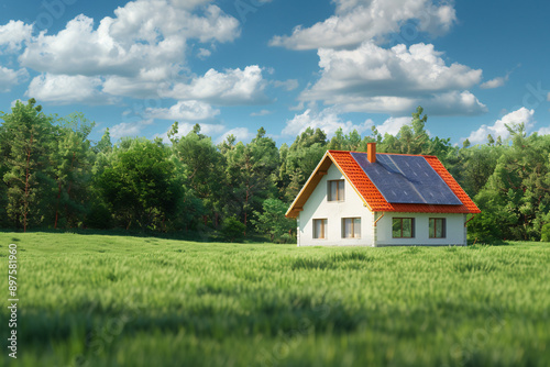 a house in a field with trees and blue sky © Eleftheria