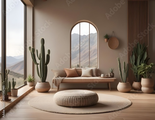 A modern living room with a big puff a painting and windows in a mountain looking scenery - boho style - magazine design photoshoot..