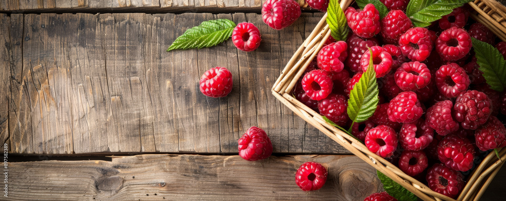 Fresh organic raspberries in a wooden basket, viewed from above, with text space on a rustic wooden background. Fresh organic raspberries in a wooden basket, viewed from above, with text space on a rustic wooden background.