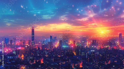 Wallpaper Mural Panoramic view of a bustling city at night, with shimmering, colorful lights reflecting off sleek skyscrapers, creating a dynamic and captivating urban landscape. Watercolor style, high resolution Torontodigital.ca