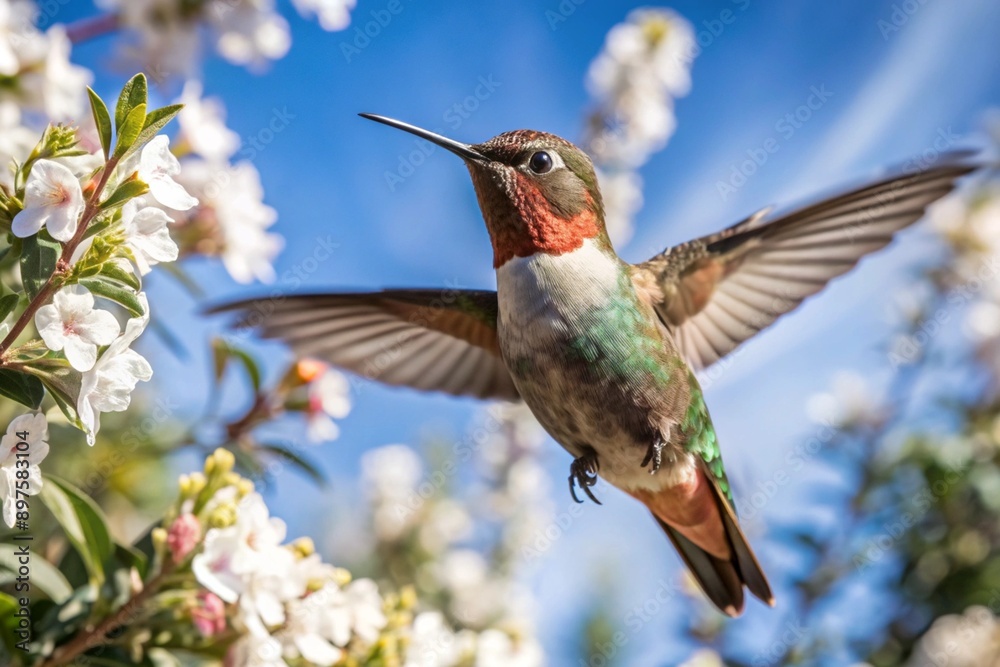 Fototapeta premium Colorful hummingbird hovering, white background
