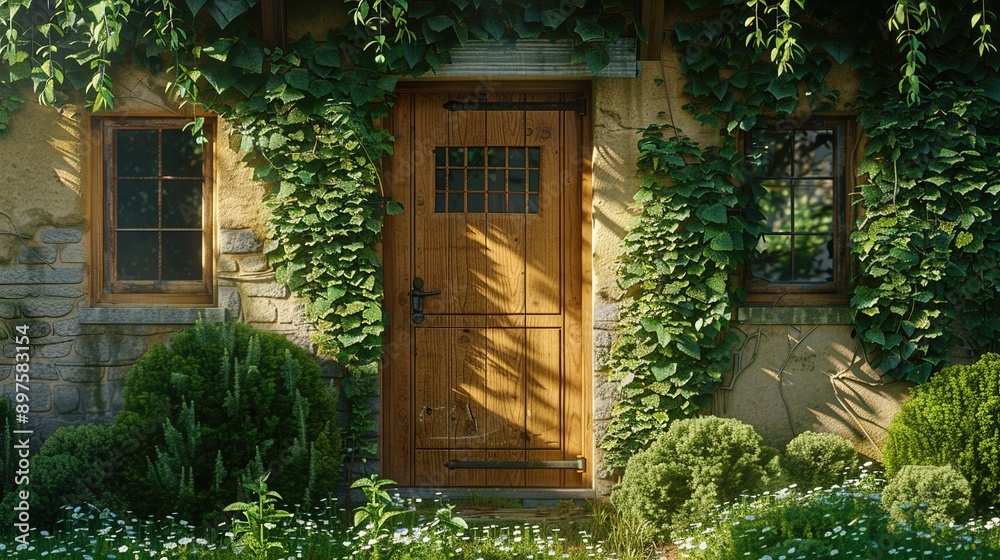 A charming Dutch door with divided panels, set against a backdrop of lush greenery, blending seamlessly into the rustic beauty of a countryside cottage.