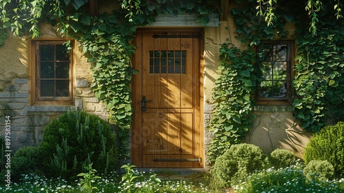 Obraz na płótnie A charming Dutch door with divided panels, set against a backdrop of lush greenery, blending seamlessly into the rustic beauty of a countryside cottage. w salonie