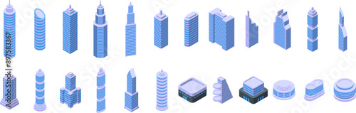 Futuristic metropolis architecture icons set. Set of isometric skyscrapers representing modern buildings for a digital urban project