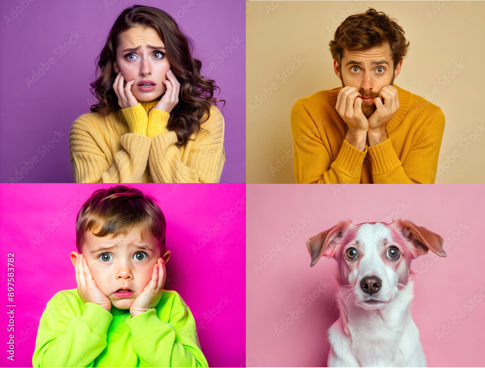 a collage of photos featuring anxious people and a dog, and jealous individuals – anxious man, woman, child and dog a collage of photos featuring anxious people and a dog, and jealous individuals – anxious man, woman, child and dog