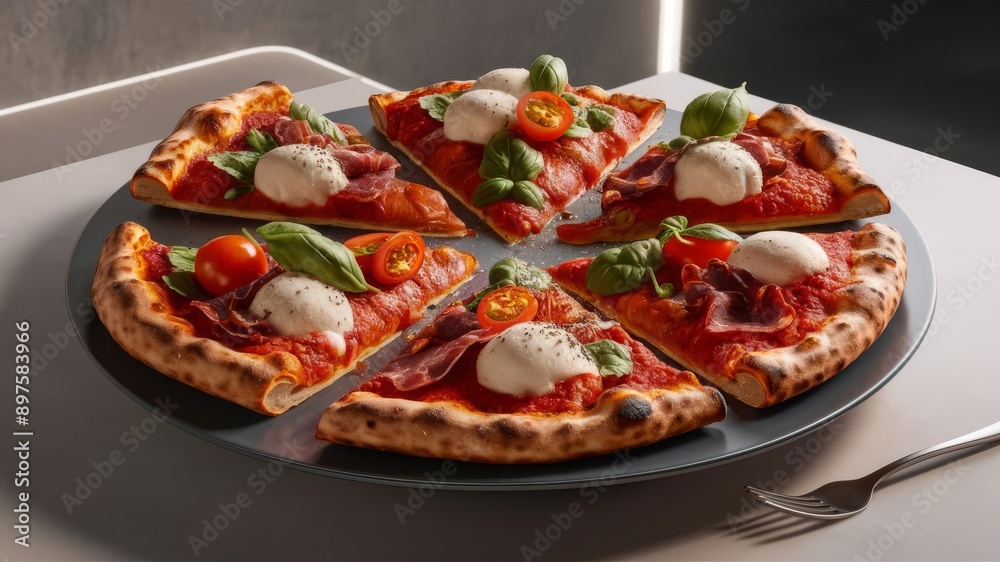 pizza with beef, tomatoes, mozzarella cheese, basil leaves and grated parmesan on a plate. food photography
pizza with beef, tomatoes, mozzarella cheese, basil leaves and grated parmesan on a plate. food photography