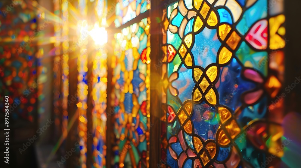 A decorative stained glass window with intricate patterns and vibrant colors, against a backdrop of soft sunlight, adding artistic beauty and charm to architectural spaces.