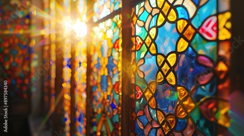 Obraz na płótnie A decorative stained glass window with intricate patterns and vibrant colors, against a backdrop of soft sunlight, adding artistic beauty and charm to architectural spaces. w salonie