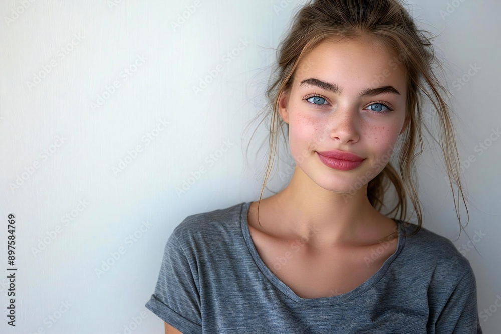 Beautiful young woman wearing a t-shirt standing on a white background. Beautiful young woman wearing a t-shirt standing on a white background.