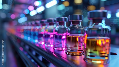 Close-up of colorful liquid vials on a production line in a laboratory with blurred background, showcasing advanced technology and scientific research.