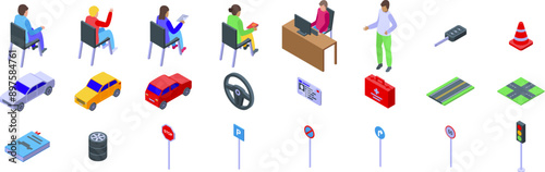 Driving school lessons icons set. Driving school elements set with students learning road rules and instructor explaining traffic laws