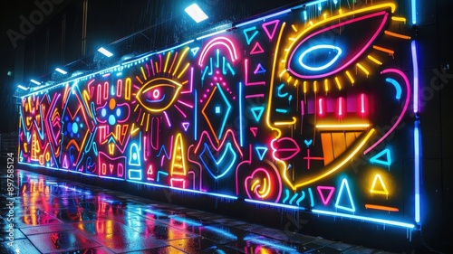 Vibrant neon street art mural with colorful abstract shapes and figures illuminated at night on wet pavement.