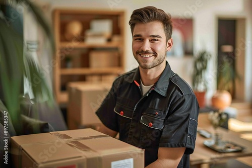 Beautiful young movers in uniform delivering cardboard boxes in a living room.