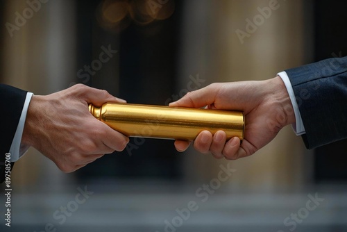 Beautiful close-up of a businessman's hand passing a golden relay baton to his equally stunning colleague in the office.