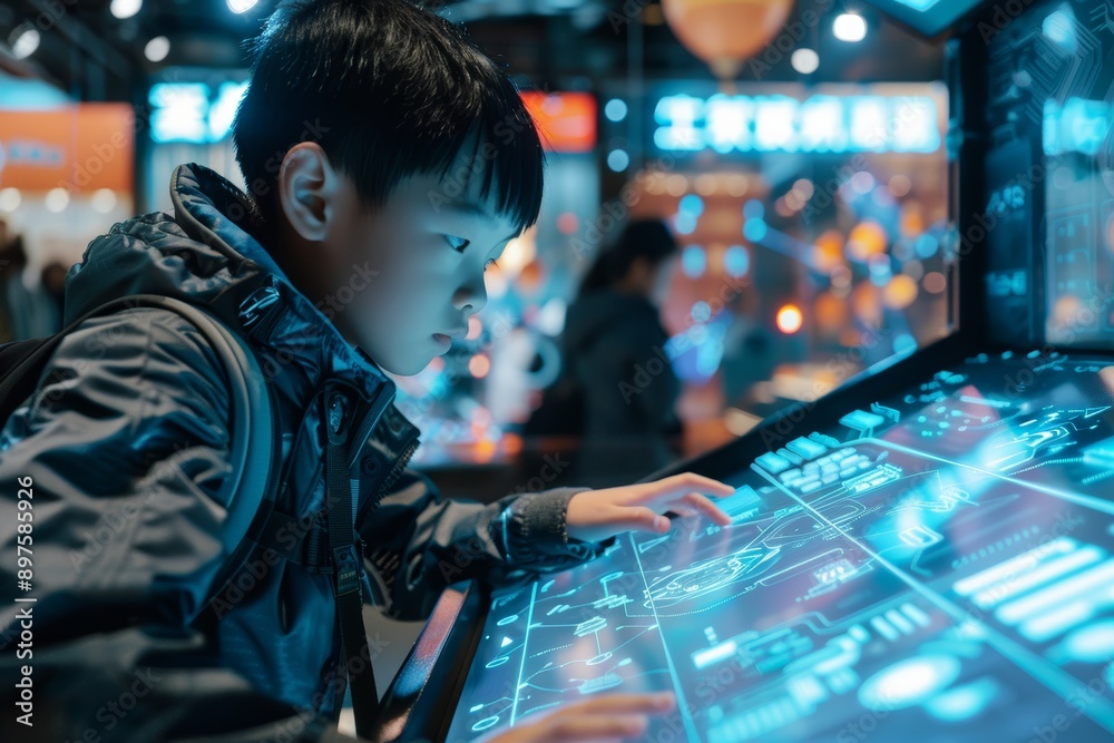 Curious Schoolboy Interacts with Futuristic Technology at a Dynamic Exhibition Curious Schoolboy Interacts with Futuristic Technology at a Dynamic Exhibition