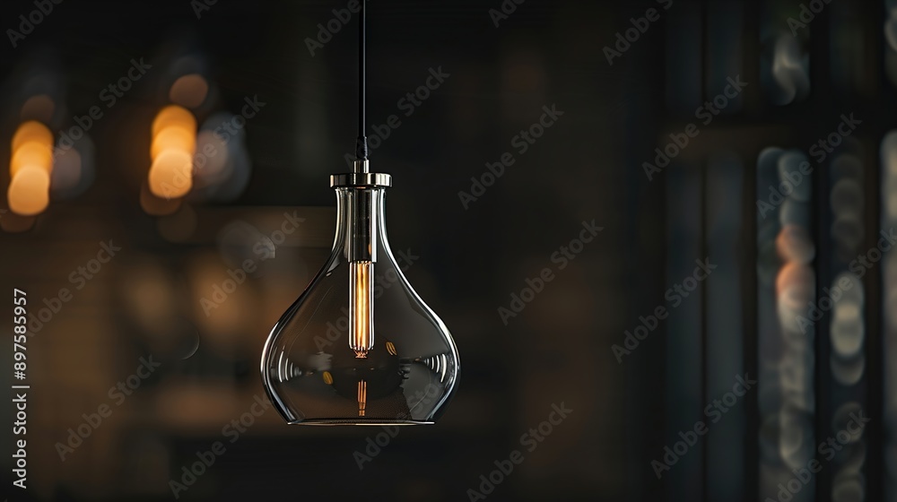 A modern glass pendant light fixture hanging from the ceiling, against a backdrop of sleek black, illuminating the space with contemporary style and sophistication. A modern glass pendant light fixture hanging from the ceiling, against a backdrop of sleek black, illuminating the space with contemporary style and sophistication.