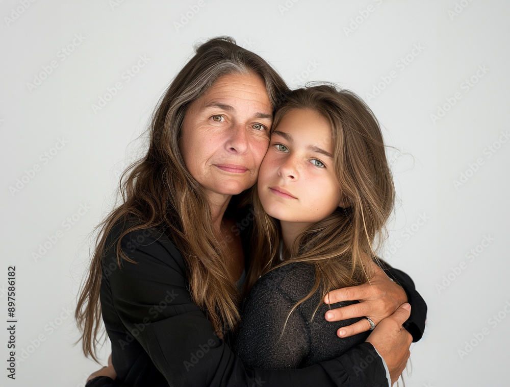 Mother and daughter in black clothes hugging each other
