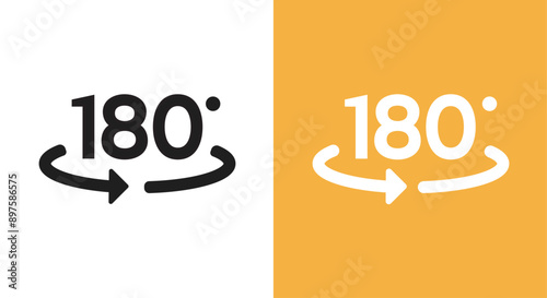 180 degree rotate view spin icon vector graphic simple black white pictogram set, turn wide angle arrow circular sign label glyph image clipart