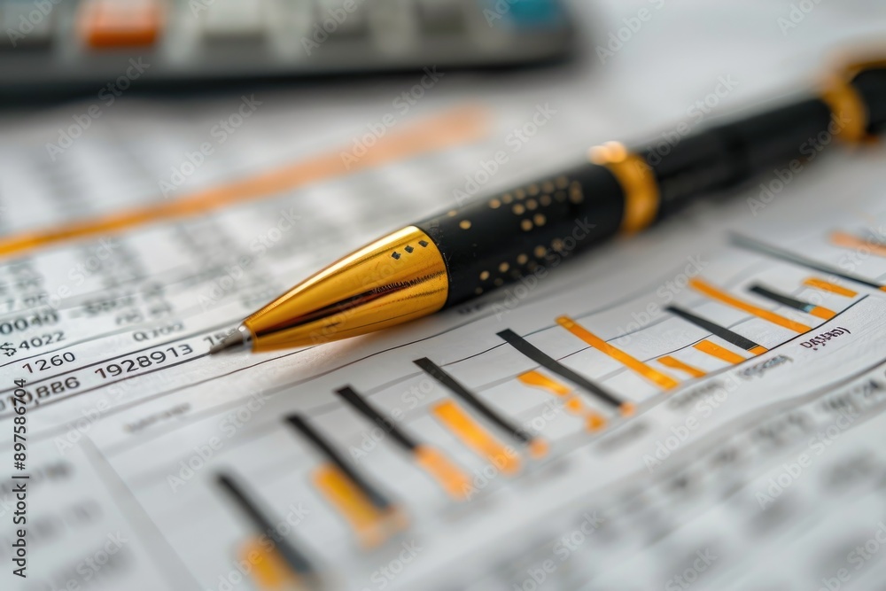 Fototapeta premium Pen placed on a spreadsheet, highlighting financial data and figures, symbolizing business, finance, and office work.