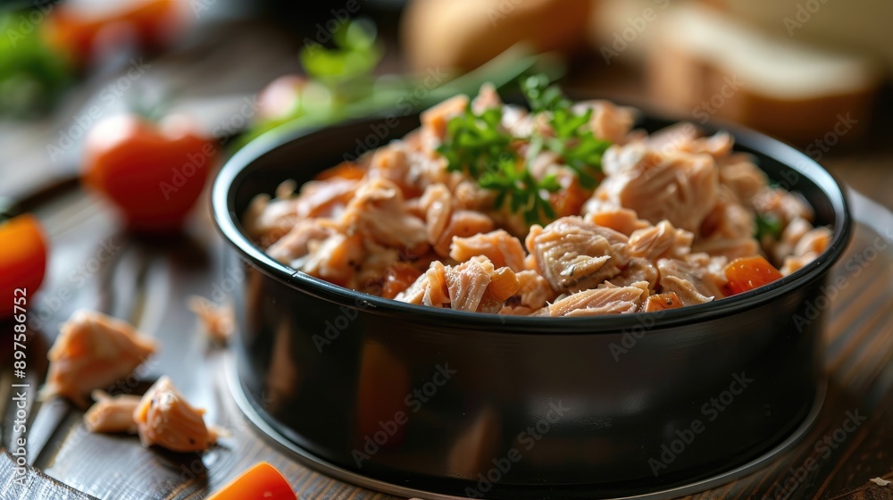 Canned salmon with herbs in metallic bowl on dark surface Canned salmon with herbs in metallic bowl on dark surface