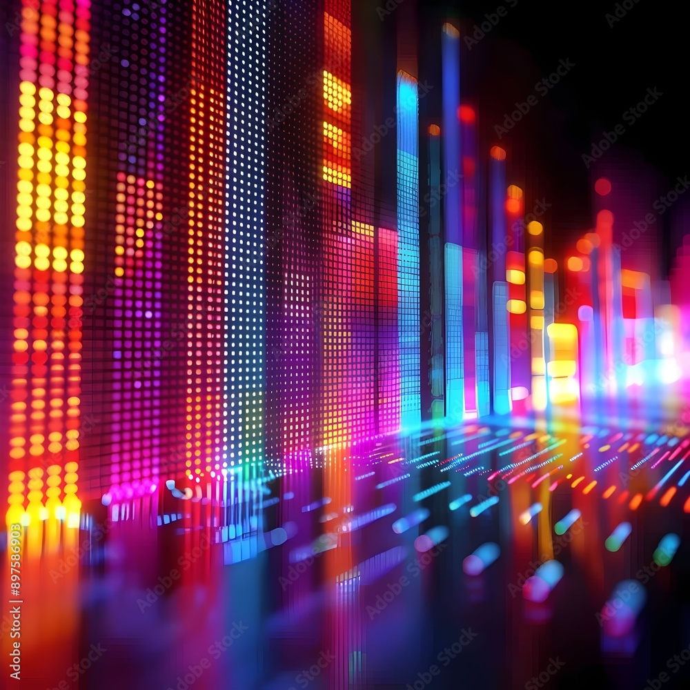 A colorful cityscape with neon lights and buildings A colorful cityscape with neon lights and buildings