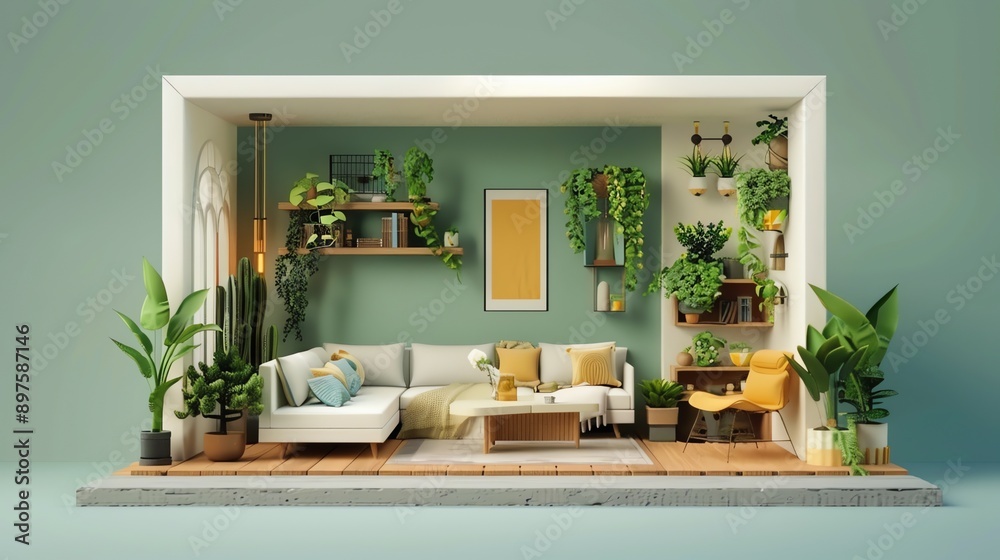 A cozy living room with a large white sectional sofa, a coffee table, and a yellow armchair. A cozy living room with a large white sectional sofa, a coffee table, and a yellow armchair.