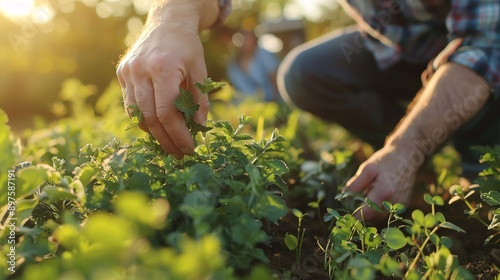 A farmer is harvesting mint in the field. The sun is setting and the farmer is using his hands to pick the mint.