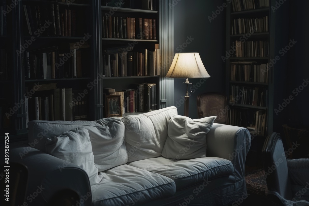 Comfortable sofa in a library with bookshelf and floor lamp Comfortable sofa in a library with bookshelf and floor lamp