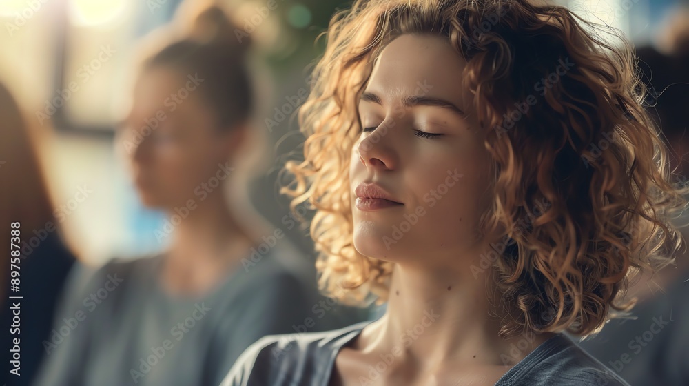 A young curly blonde woman in a gray t-shirt is meditating with her eyes closed in a yoga studio. She is surrounded by soft light.