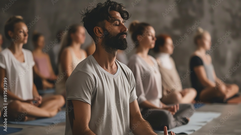 Obraz premium Bearded man in white shirt sits in a yoga pose with his eyes closed and surrounded by a group of women in a yoga class.