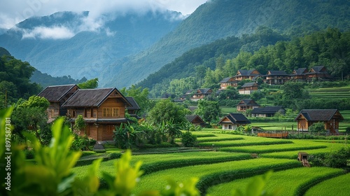 Vibrant farmlands with lush green crops and traditional wooden farmhouses