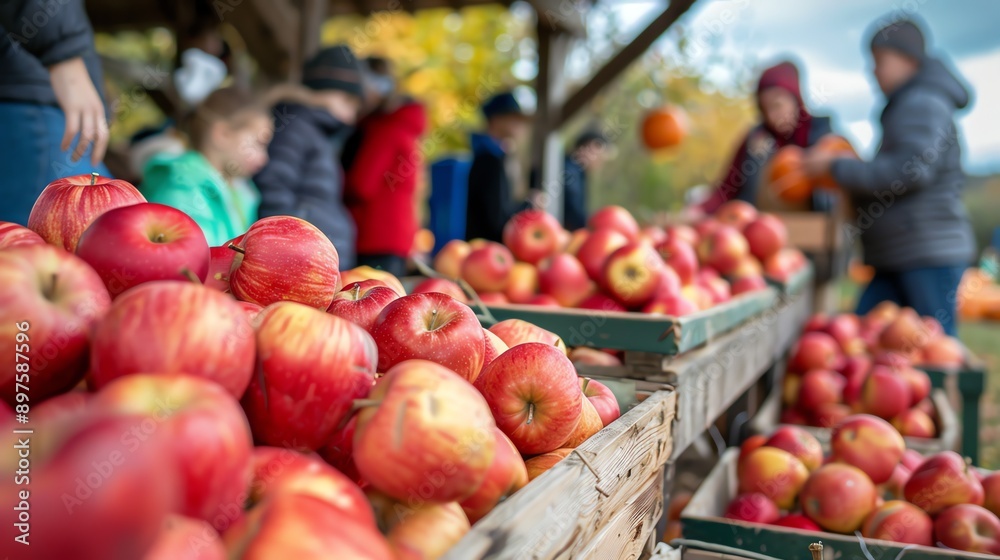 Fresh apples at a farmer's market. The apples are in wooden crates and there are people in the background. Fresh apples at a farmer's market. The apples are in wooden crates and there are people in the background.