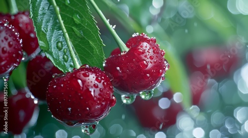 Closeup image of luminous, fresh red cherries with water droplets, emphasizing their vibrancy and succulence