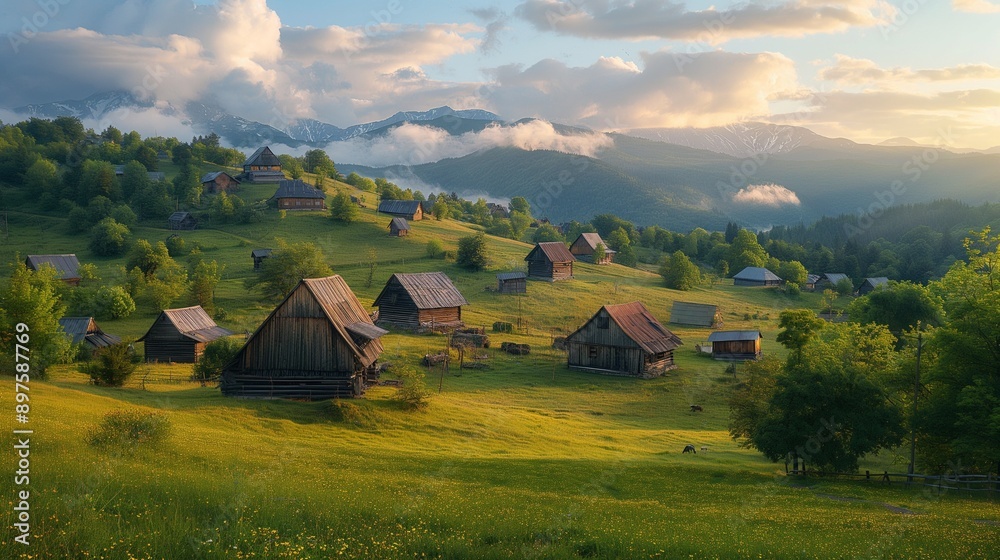 Vibrant farmlands with lush green crops and traditional wooden farmhouses Vibrant farmlands with lush green crops and traditional wooden farmhouses