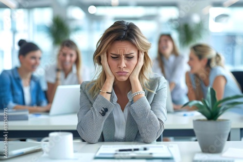 Beautiful businesswoman feeling upset while her beautiful colleagues laugh at her in the office background.