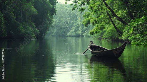 A traditional boat floating on the calm waters of a river