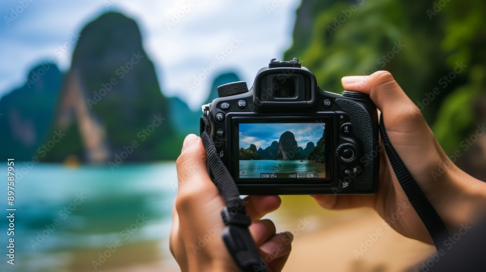 A person holding a digital camera, capturing a beautiful travel scene with picturesque landmarks in the background A person holding a digital camera, capturing a beautiful travel scene with picturesque landmarks in the background