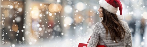 Woman Shopping In Snow On Christmas Eve