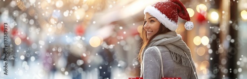 Woman Shopping In Snow On Christmas Eve