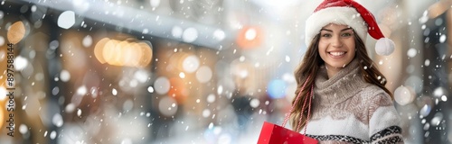 Woman Shopping In Snow On Christmas Eve