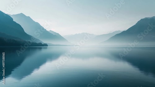 Minimalist landscape of stylized mountains and calm waters.